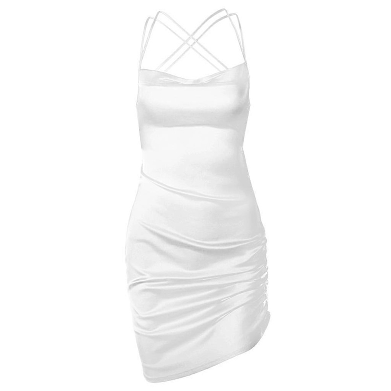 Women Sexy Square Neck for Cross Backless Satin Bodycon Mini Sling Dress Side Ruched Drawstring Asymmetric Solid Color Beach Party Clubwear  White | Fruugo SG