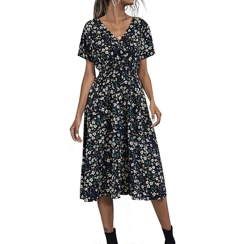 Women Short Sleeve Boho Floral Print Pleated Swing Long Dress Wrap V-Neck Shirred Elastic Waist Flowy A-Line Dresses  106829 black XL | Fruugo SG
