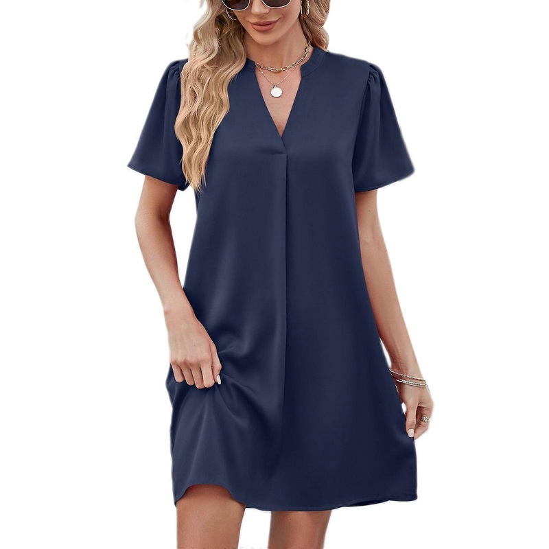 Women Solid Color Dress Female V-neck Dress Loose-Fit Summer Dress Ladies Short Sleeves Casual Dress for Work Vacations  Royal blue XL | Fruugo SG