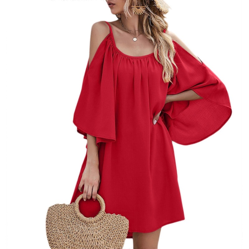 Women Summer Mini Dresses Scoop Neck Cold Shoulder Short Sleeve Casual Loose Solid Dress for Party Club  Red XL | Fruugo SG