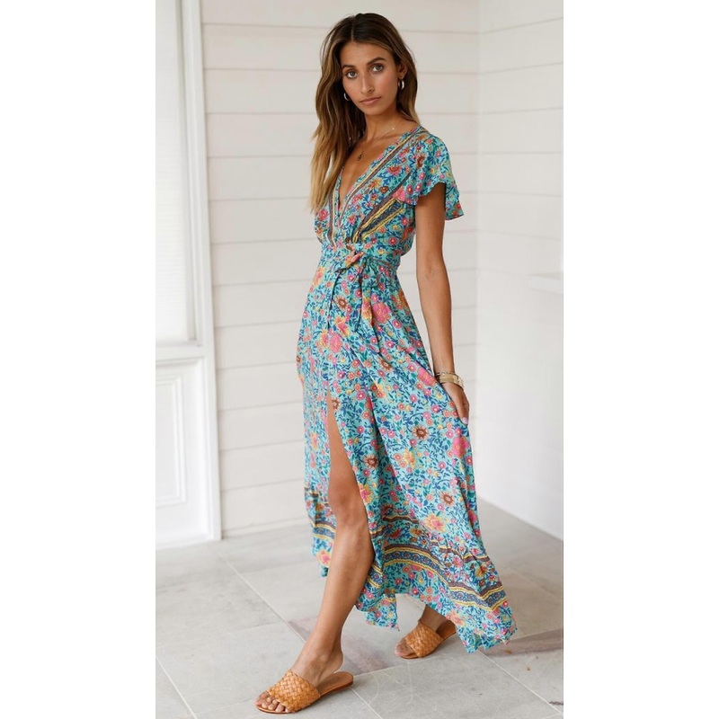 Women  Summer Side Split Deep V Neck Casual  Holiday Print Dress Sexy Long Dress Short Sleeves Maxi Dress —— Green Size XL | Fruugo SG