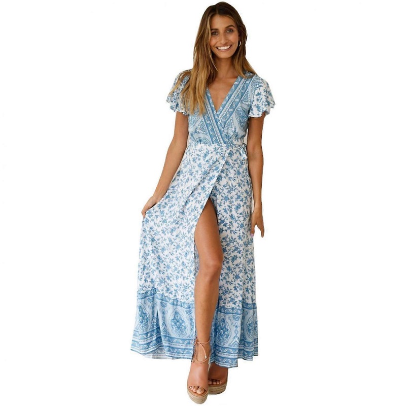 Women  Summer Side Split Deep V Neck Casual  Holiday Print Dress Sexy Long Dress Short Sleeves Maxi Dress —— Sky Blue Size S | Fruugo SG
