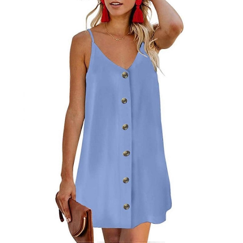 Women Summer Spaghetti Strap Button Down V Neck Sleeveless Casual  Dress — Sky BlueSize XXL | Fruugo SG