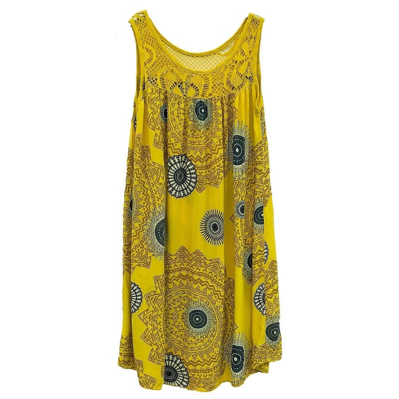 Womens A-Line Midi Long Dress O-Neck Lace Stitching Sleeveless Pleated Flared Hem Bohemian Floral Printed Tank Dresses  Yellow XL | Fruugo SG