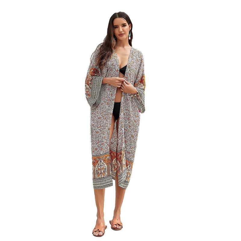 Womens Open Front Kimono Cardigans Bohemian Flower Loose Summer Top with Belt Long Sleeve Beach Dress Swimsuit Cover Up  Orange | Fruugo SG