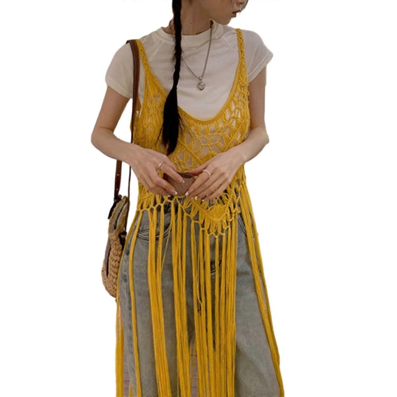 Womens Sleeveless Crochet Long Tassels Fringe Vest 70s Cover Up Hippie Clothes Hollow Out Knit Bohemian Tank Top Dress  Yellow | Fruugo SG