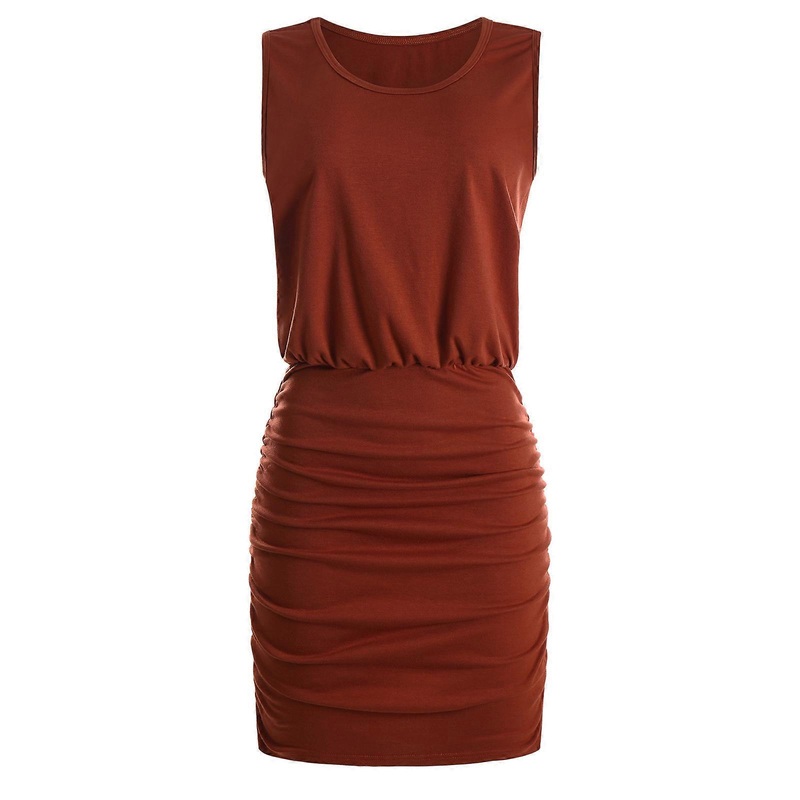 Womens Sleeveless Round Neck Elegant Party Short Mini Dress Solid Color Pleated Bodycon Cocktail Prom Party Sundress  Brick red XL | Fruugo SG
