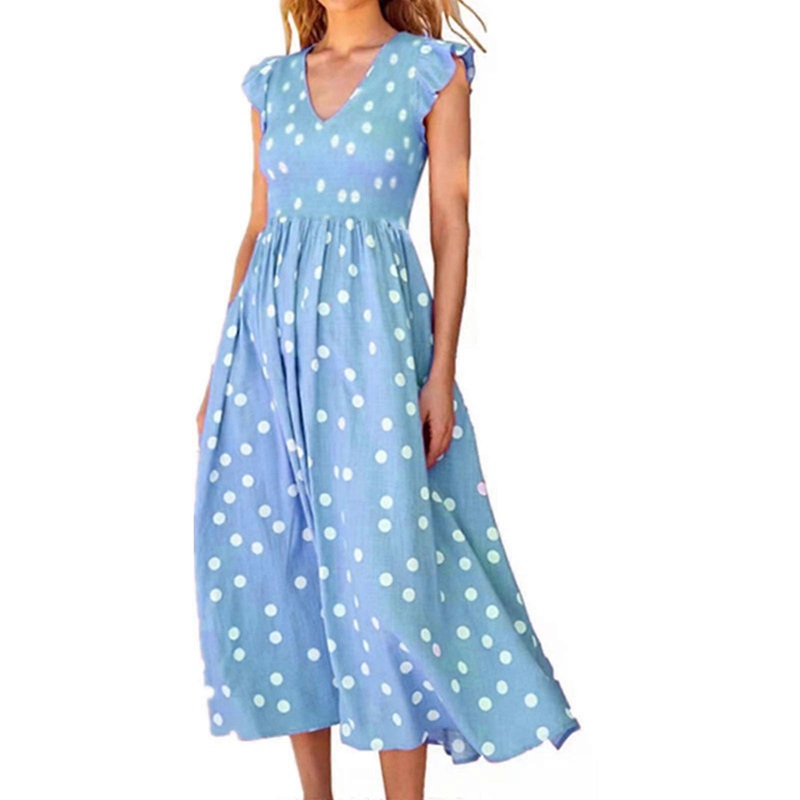 Womens V-Neck Swing Dress Ladies Polka Dot Floral Printed Dress Ruffle Sleeves Dress Female Summer Cocktail Party Dress  Sky Blue XL | Fruugo SG