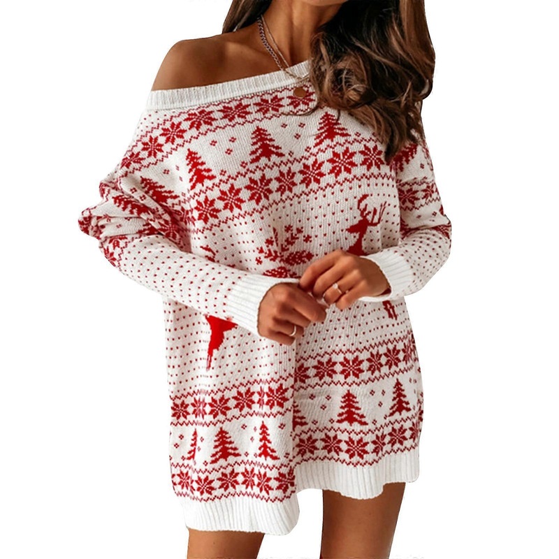 Christmas Sweater Dress for Women Winter New Year Snowflake Elk Jacquard Long Sleeve Pullover Loose Party Knitwear Dress  White XL | Fruugo SG