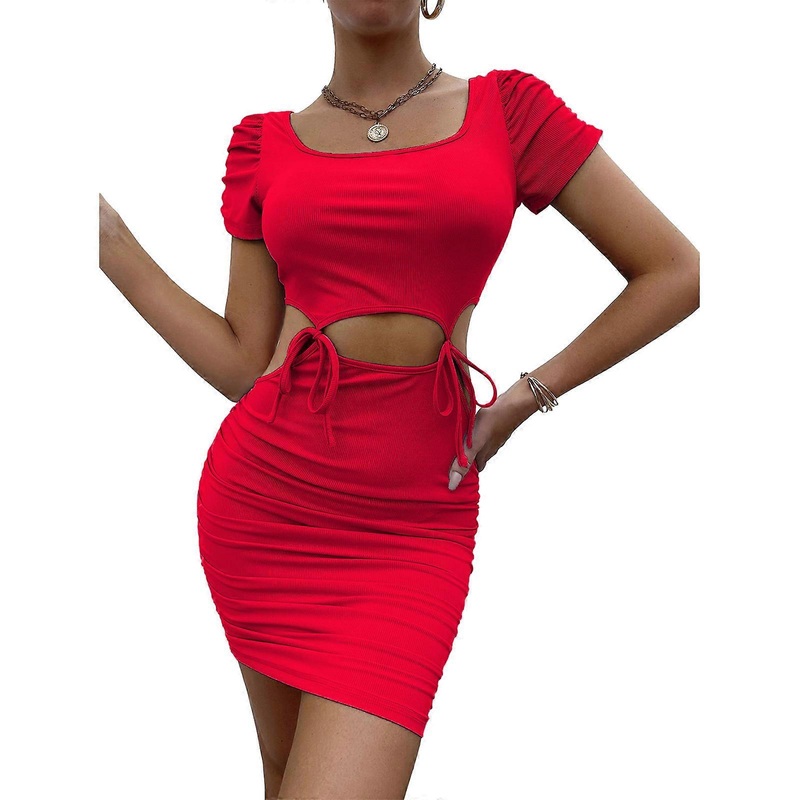 Cut Out Bodycon Dress Ruched Bodycon Dress For Women Square Neck Short Sleeve Bodycon Short Dress Cocktail Mini Dress  Red XL | Fruugo SG