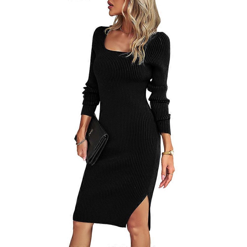Elegant Knit Dress Ribbed Sweater Dress Long U-neck Long Sleeve Midi Dress Party Dress | Fruugo SG