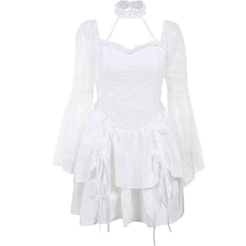 Gothic Off Shoulder Lace Flared Sleeve Mini Dress for Wome Aesthetic for Butterfly Jacquard Double Layer Princess Dresse  White S | Fruugo SG