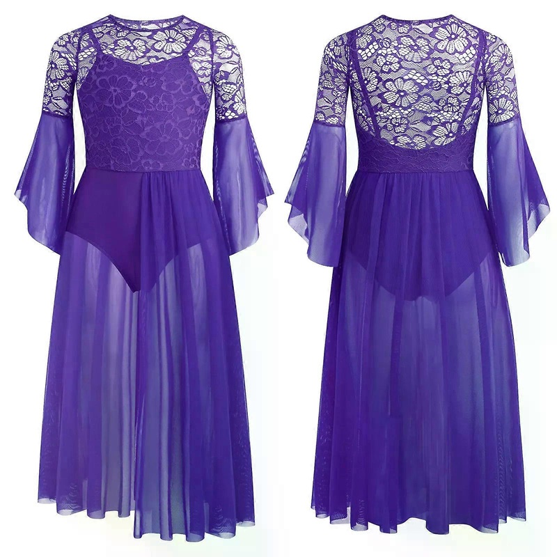 Kids Girls Modern Lyrical Dance Dress Flared Sleeve Floral Lace Side Split Leotard Dresses for Figure Skating Gymnastics Ballet | Fruugo SG