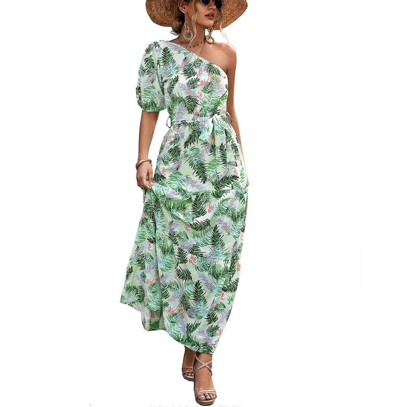 Long One Shoulder Off Dresses Floral Printed Puff Short Sleeves Prom Dress Bows Tie Women Vintage 2023 Party Outfirts  Green XL | Fruugo SG
