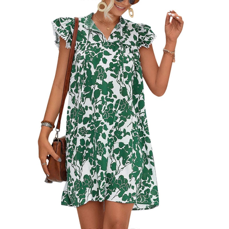 Lotus Short Sleeves A-line Dress V-neck Casual Printed Short Dresses Spring Summer Office Wearing Outfits for Women  Green S | Fruugo SG