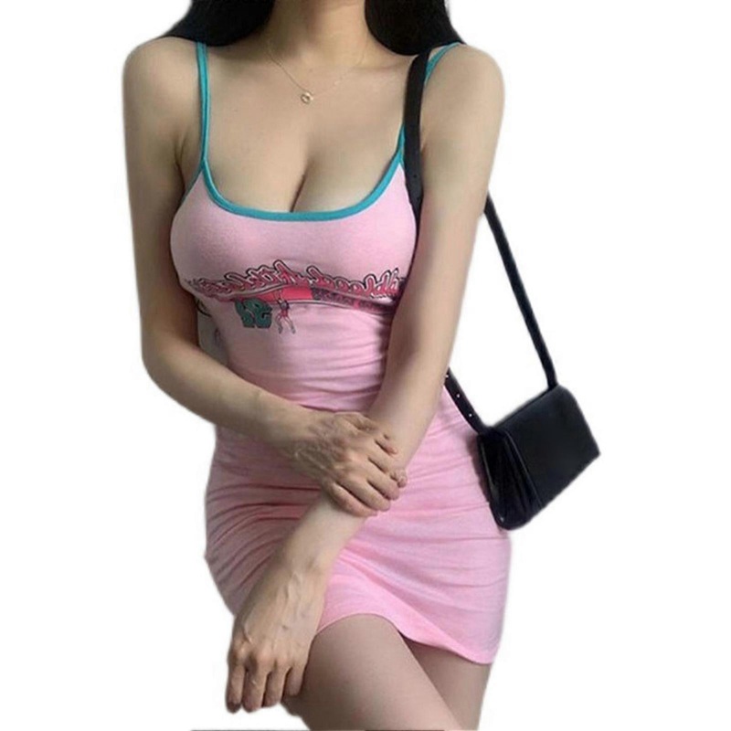 Strappy Dress Low Cut Slim Fit Letter Print Breathable Sleeveless Dress for Summer Daily Dating Pink L | Fruugo SG