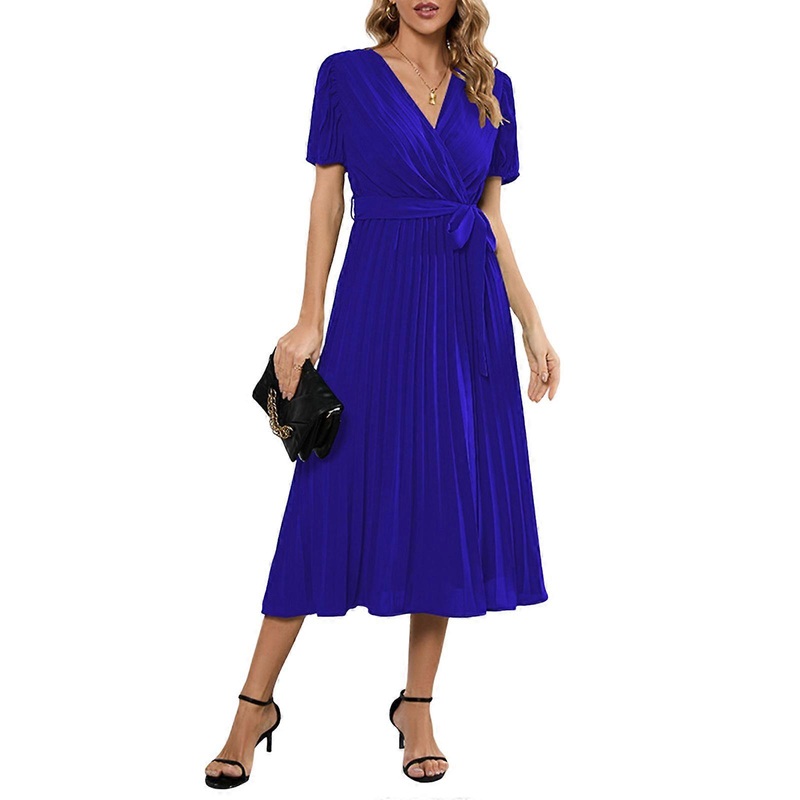 Summer Midi Swing Dress for Women Puff Short Sleeve Solid Color Wrap V-Neck Pleated Flared Hem A-Line Dresses with Belt  Blue XL | Fruugo SG