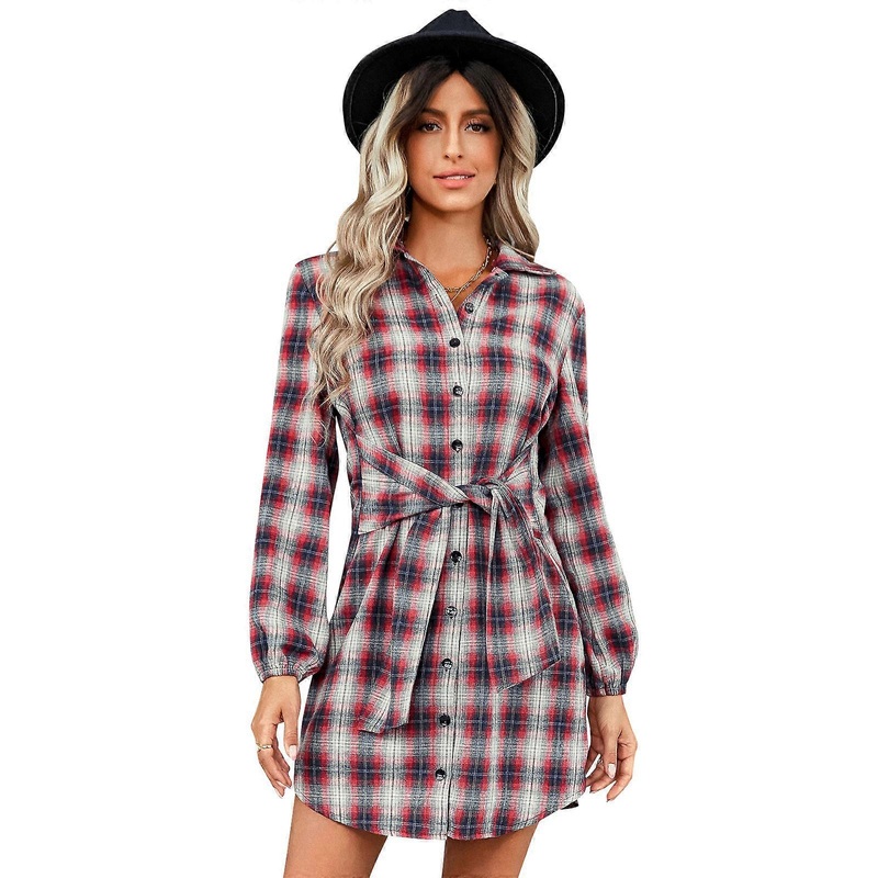 Women Autumn Long Sleeve Plaid Pattern Tunic Top Shirt Casual Dress Tie Plaid Shirt Dress with Waist Belt Tunic Dresses  Red XL | Fruugo SG