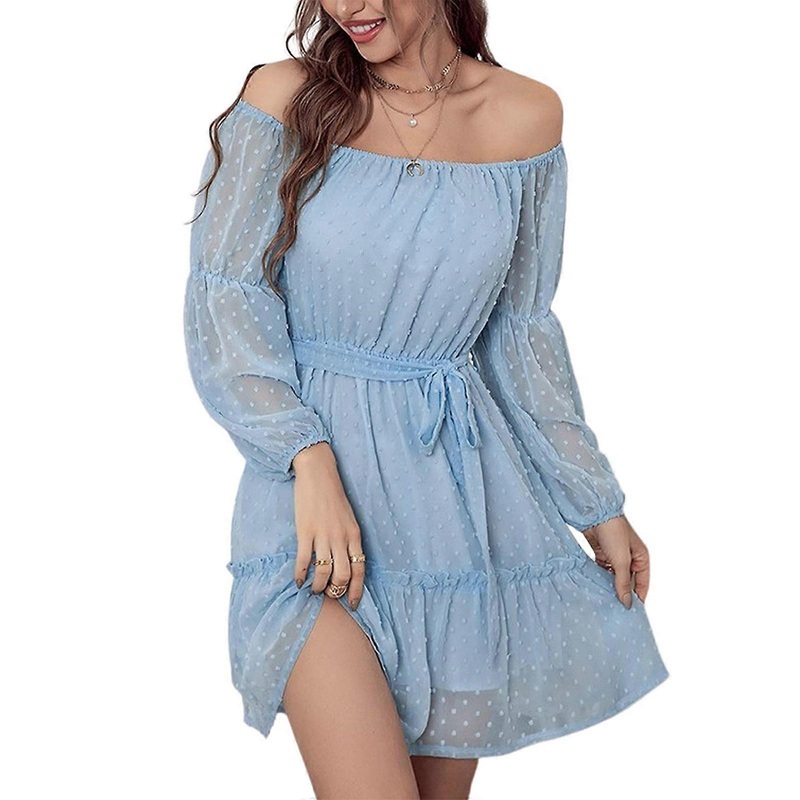 Women Elegant Long Sleeve Short Dress Crewneck Tie Waist Cocktail Dress,Casual A-line Dresses for Party Evening Club  Sky Blue XL | Fruugo SG