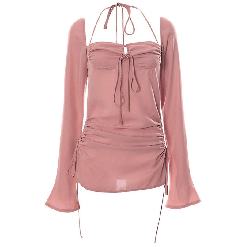 Women Flare Long Sleeve Halter Mini Bodycon Dress Sexy Low Cut Square Neck Side Hollow Out Ruched Tie Up Drawstring Party Clubwear  Pink S | Fruugo SG