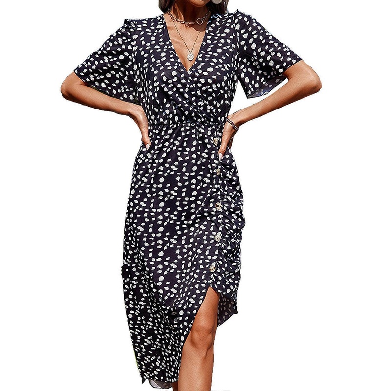 Women Flare Short Sleeve Sexy Wrap V-Neck Midi Long Dress Floral Print Split Front Button Asymmetrical Hem Sundress  XL | Fruugo SG