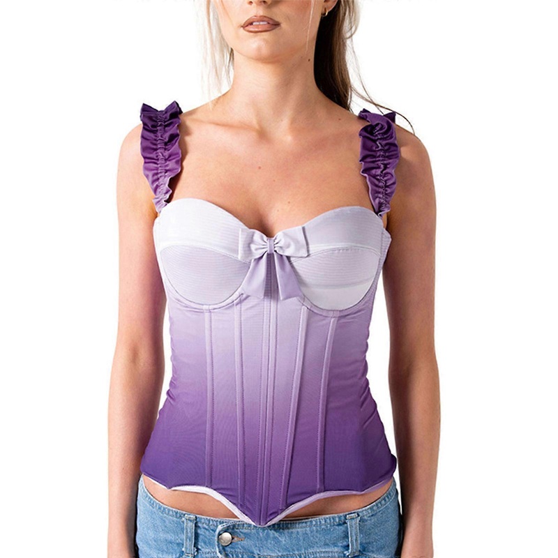 Women Frill Trim Strap Bustier for Tank Top Sexy Fish Bone Hem Bowknot Corset Ve  Purple S | Fruugo SG