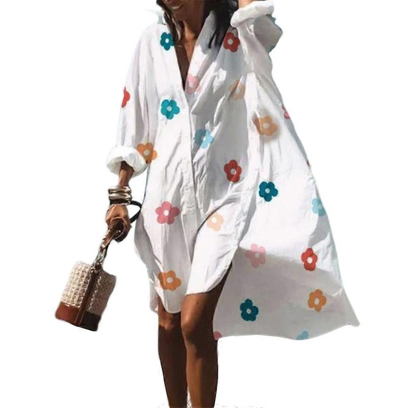 Women Long Sleeve Boho Floral Print Button V-Neck Lapel Loose Midi Shirt Dress  a M | Fruugo SG