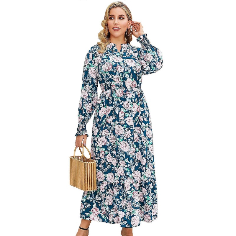 Women Plus Size Puff Long Sleeve V-Neck Maxi Swing Dress Floral Print Elastic High Waist A-Line Loose Flowy Sundress  Blue XL | Fruugo SG
