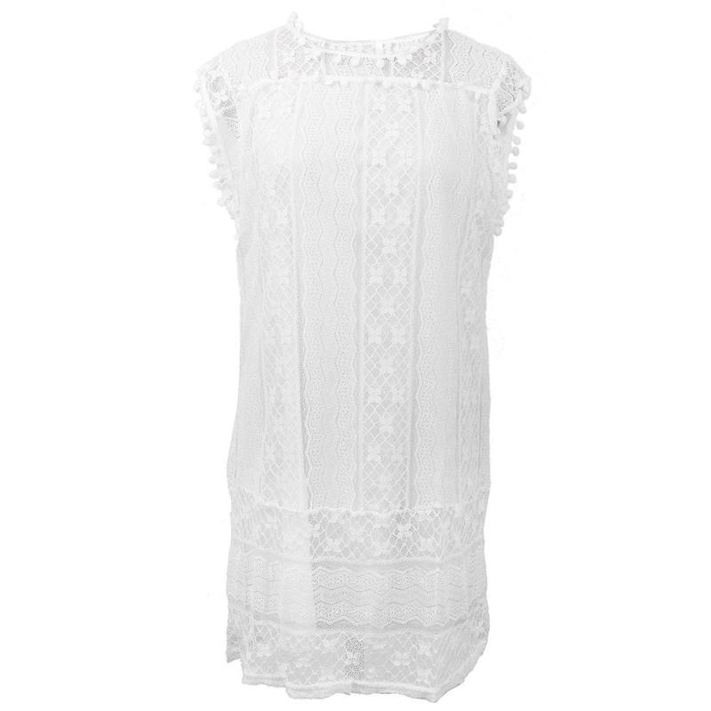 Women Pom Pom Sleeveless O-Neck Mini Dress Layered Floral Lace Loose Sundress  White XL | Fruugo SG