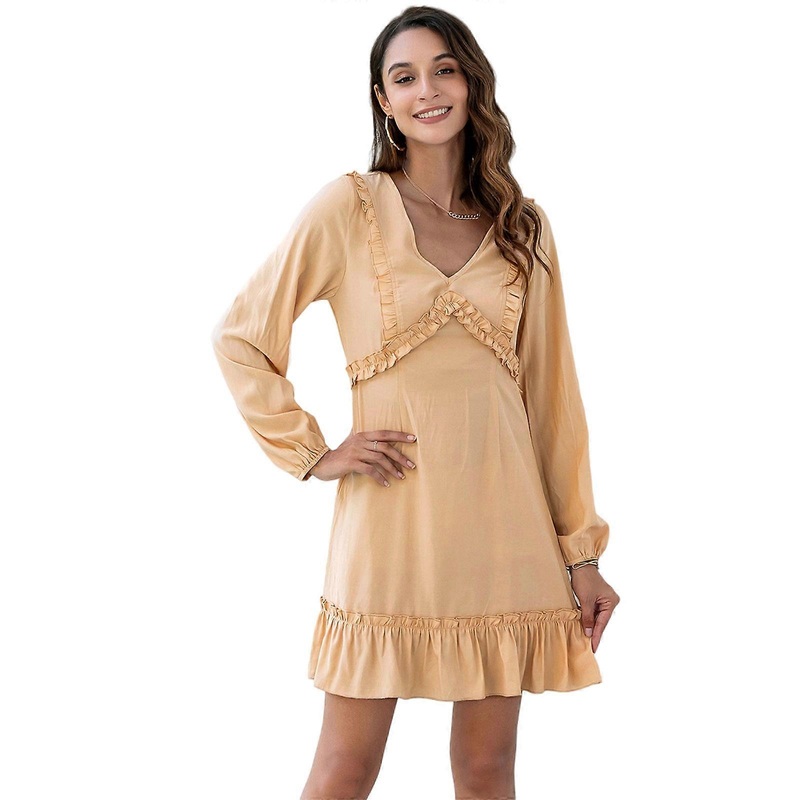 Women Puff Long Sleeve Sexy V-Neck Solid Color Ruffles Trim A-Line Midi Dress  Light orange S | Fruugo SG