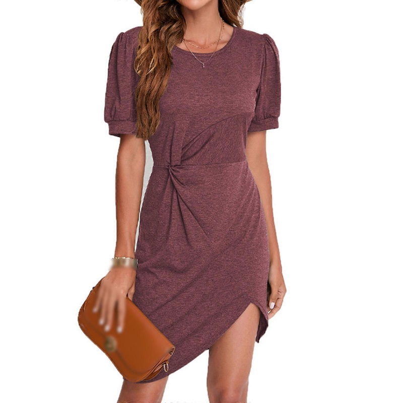 Women Puff Short Sleeve Ruched Twist Knot Split Asymmetrical Hem Midi Slim Dress  Burgundy XL | Fruugo SG