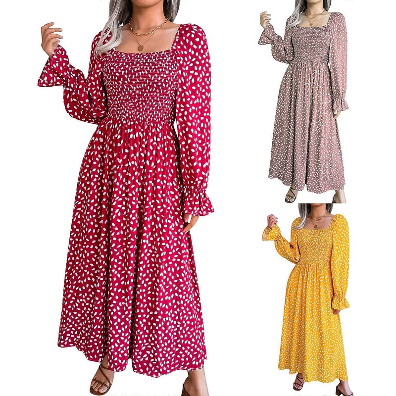Women’s Autumn Dress Casual Ruffle Layer Swing Dress Long Sleeve Tunic Dress Deep Square Neck Dress Long Cocktail Dress  Yellow XL | Fruugo SG