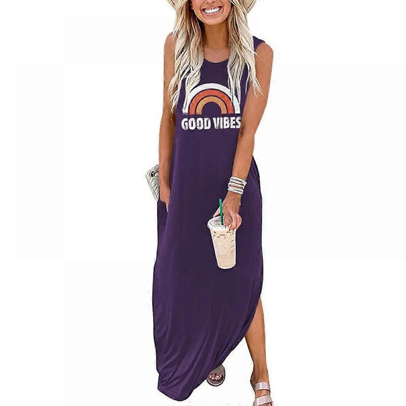 Women’s Casual Loose Sundress Long Dress Sleeveless Split Maxi Dresses Summer Beach Dress with Pockets 1 Purple S Size | Fruugo SG