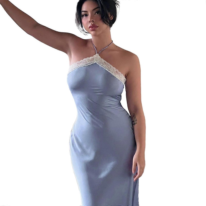 Women’s Elegant Satins Maxi Bodycon Dress 2023 Summer Lace Halter Cocktail Party Dress Sleeveless Backless Long Dresses  Blue S | Fruugo SG