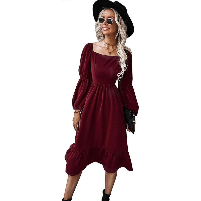 Women’s Square Neck Chiffon Dress French Long Sleeves Dress Elegant A-line Dress Solid Holiday Dress Autumn Maxi Dress  Burgundy XL | Fruugo SG