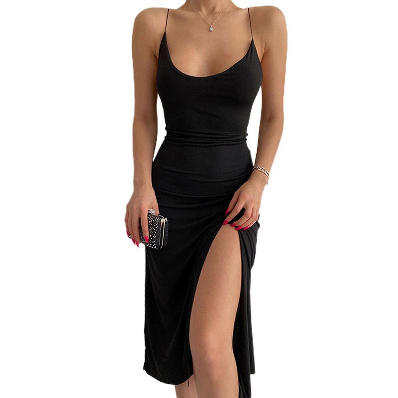 Women Sexy Spaghetti Strap Low Cut U-Neck Backless Lace-Up Midi Long Slim Dress Solid Color Side Split A-Line Flare Hem Cocktail Party Clubwear  M L | Fruugo SG