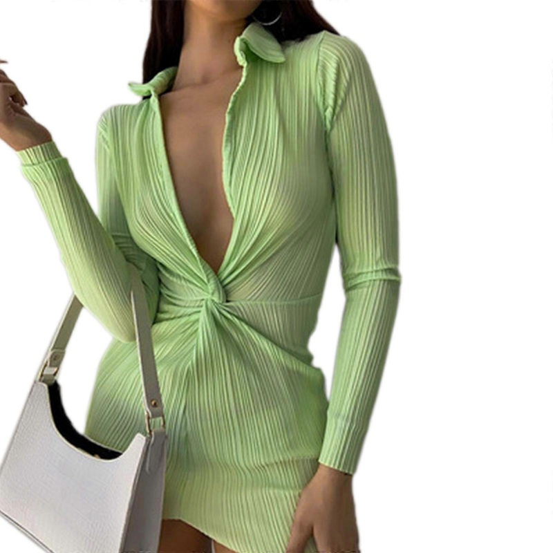 Women Shirt Dresses Long Sleeve Pleated Mini Dress Deep V Neck Shirt Dress Twist Bodycon Dress Button Down Pleated Dress  Green M | Fruugo SG