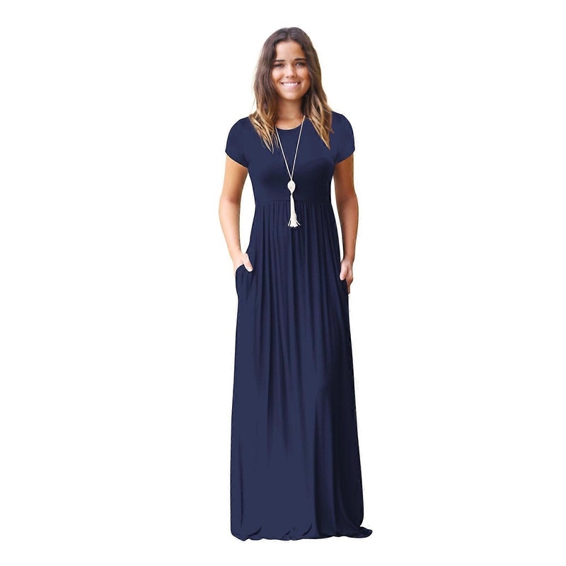 Women Short Sleeve O-Neck Pleated Hem Plain Loose Maxi Long Dress with Pockets  Royal blue XL | Fruugo SG