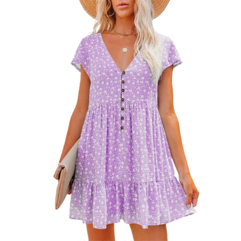 Women Short Sleeve Sexy V-Neck Button Floral Ruffles Chiffon Mini Swing Dress  Purple XL | Fruugo SG