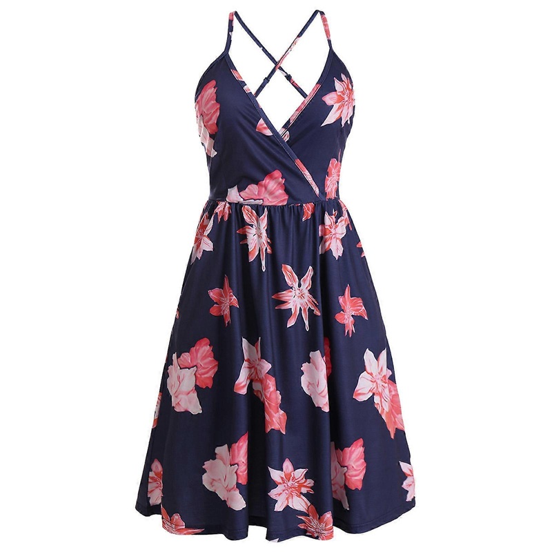 Women Spaghetti Strap Sexy Ruched V-Neck for Cross Backless Mini Dress Boho Floral Print High Waist A-Line Beach Sundres  Navy blue XL | Fruugo SG