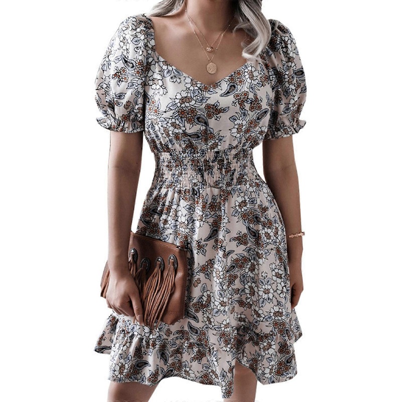 Women Summer Puff Short Sleeve Sexy V-Neck Midi Swing Dress Boho Floral Print Shirred Elastic Waist A-Line Pleated Ruffle Hem Beach Sundress  Khaki XL | Fruugo SG
