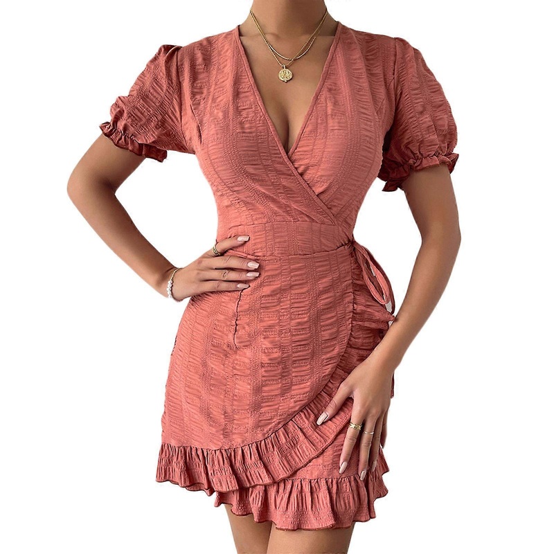 Women Summer Puff Short Sleeve Sexy Wrap Deep V-Neck Mini Slim Dress Solid Color Belted High Waist Ruffled Irregular Hem A-Line Sundress  S | Fruugo SG