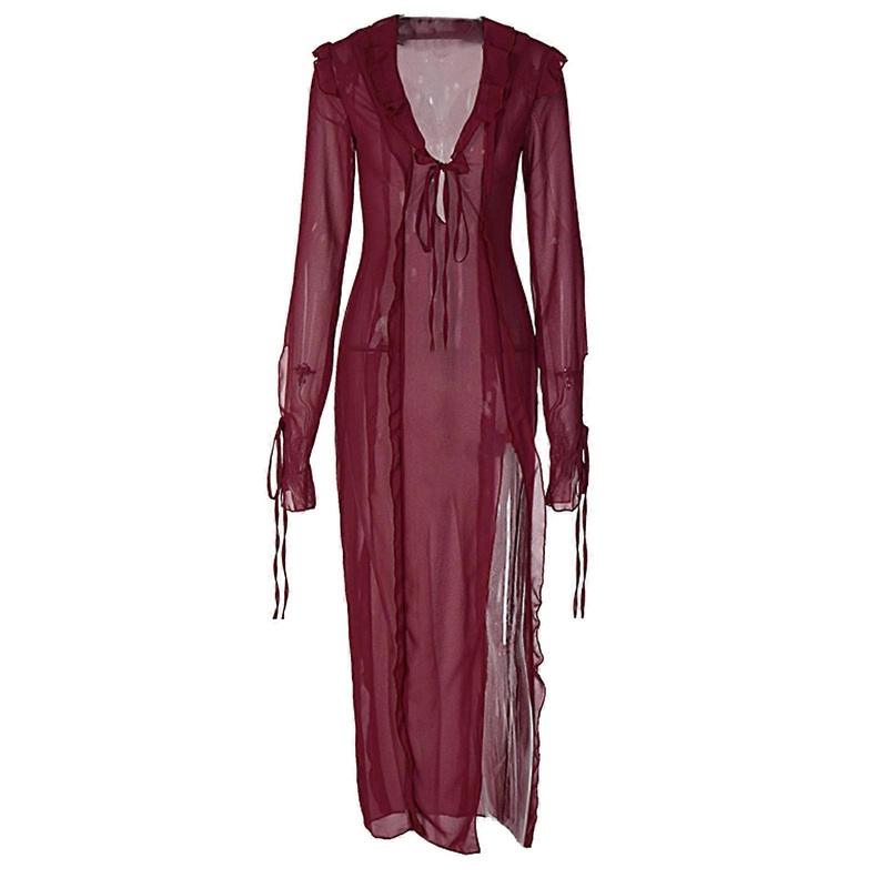 Womens Mesh Swimsuit Bikinis Cover-ups Dress Solid Color Long Sleeve Lacing up Sheer Mesh Bodycons Beach Maxi Long Dress  Claret L | Fruugo SG