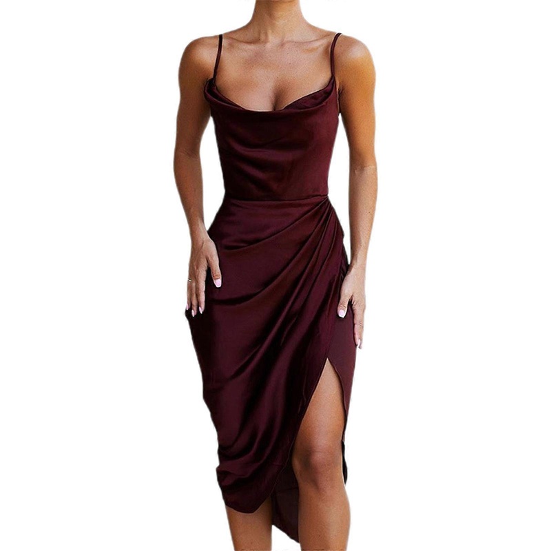 Womens Satin Spaghetti Straps Cowl Neck Sexy Split Cocktail Dresses Evening Party Dress Side Zipper  Burgundy XL | Fruugo SG