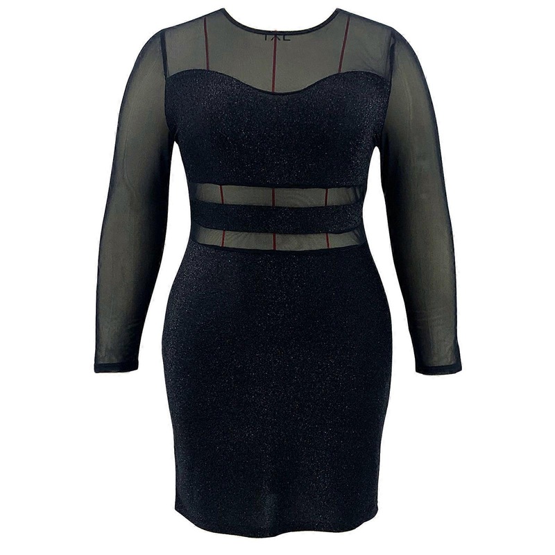 Womens Sexy Contrast Mesh Party Mini Bodycon Dress Long Sleeve Empire Waist Plain Solid Color Glitter Metallic Gown  Black XL | Fruugo SG
