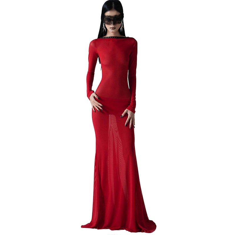Womens Sexy Sheer Mesh Long Sleeve Crisscross Backless Flared Club Party Bodycon Long Dress Beach Swimsuits Cover Up  Red One Size | Fruugo SG