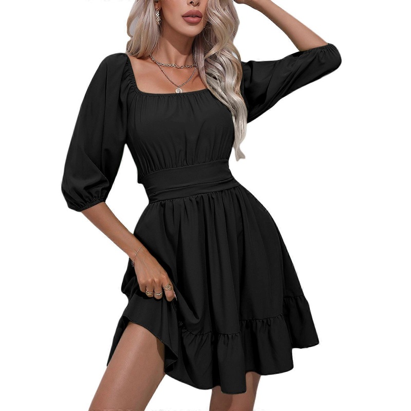 Womens Summer Dresses Square Neck Lantern Sleeve Tie Backless Ruffle Hem A-Line Casual Dress  Black S | Fruugo SG