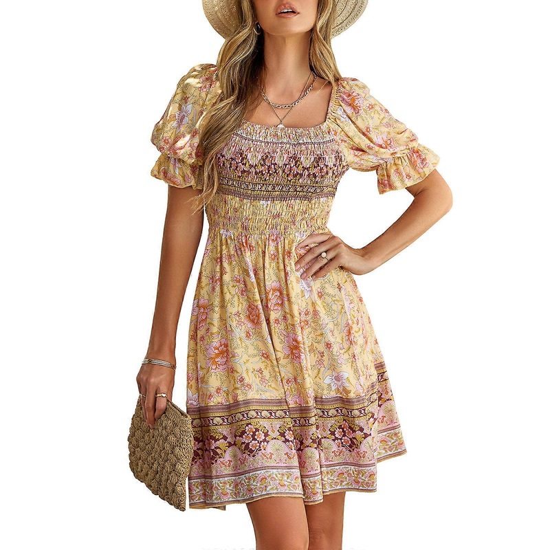 Womens Summer Puff Short Sleeve Square Neck Shirred A-Line Short Dress Bohemian Floral Print Ruffle Hem Smocked Dresses  Yellow XL | Fruugo SG