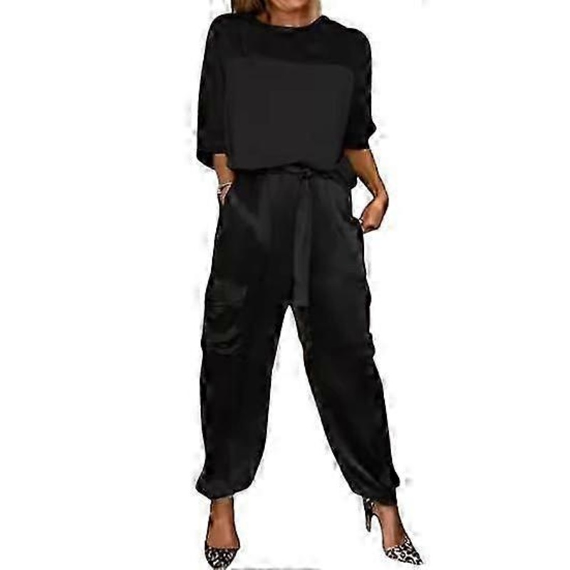 2 Pcs/Set Women Top Pants Set Satin Three Quarter Sleeves O Neck Lace-up Waist Solid Color Soft Breathable Casual Pockets Loose Blouse Trousers Set | Fruugo SG