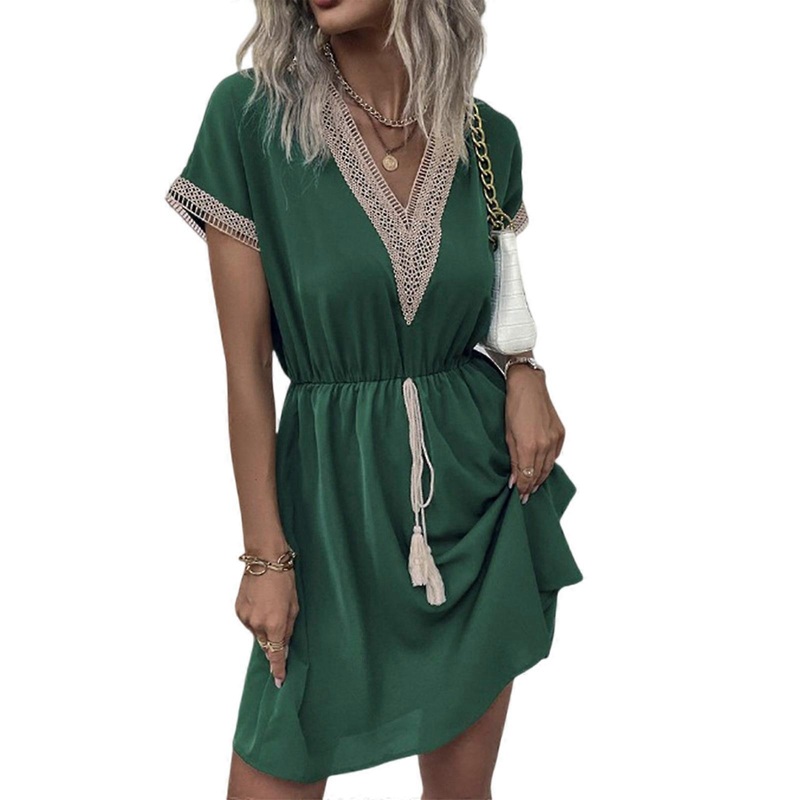 Elegant Short Sleeve V Neck Lace Trim Midi Dress Summer Loose Fit Tie Waist A Line Swing Dresses for Women Beach Outfit  Green XXXL | Fruugo SG